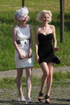 Parade of blondes 2011 (looks: white veil, white mini dress, white clutch, white polka dot sheer tights, white pumps, blackminicocktail dress, black sandals, blond hair)