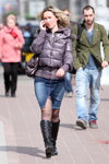 Street fashion in Minsk. Spring 2011 (looks: eggplant quilted jacket, blue denim skirt, black sheer tights, black boots)