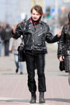 Street fashion in Minsk. Spring 2011 (looks: black leather biker jacket, black trousers)