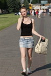 Minsk street fashion. 05/2011 (looks: black top with straps, sky blue mini denim skirt, white sandals, beige bag)