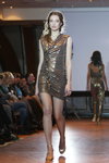 Katya Panko. BFC AW 2012/2013 show (looks: greyminicocktail dress, nude sheer tights, gold pumps)