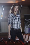 Katya Panko. BFC AW 2012/2013 show (looks: checkered multicolored blouse, blue jeans, black belt)