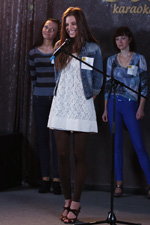 Lady X 2012 casting (looks: white lace dress, brown leggins, brown sandals, blue jean jacket)