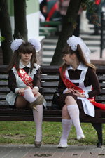 Last call. 2012 (looks: white bowknot, white knee-highs, white school apron, brown school dress)