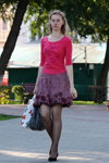 Gomel street fashion. 08/2012 (looks: raspberry top, black sheer tights, black pumps)