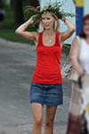 Gomel street fashion. 06/07/2012 (outfits: red top, blue mini denim skirt, blond hair)