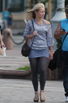 Minsk street fashion. 07/2012 (looks: sky blue mini dress, grey leggins, grey sandals, black bag, blond hair)