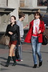 Minsk street fashion. 10/2012 (looks: burgundy shorts, green boots, , black leather jacket, sky blue jeans, red coat)
