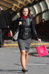Minsk street fashion. 10/2012 (looks: grey skirt, nude sheer tights, black ballerinas, black leather jacket)