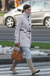 Minsk street fashion. 11/2012 (looks: white coat, sky blue jeans)