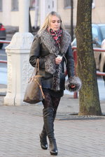 Minsk street fashion. 11/2012 (looks: black knee high boots, black checkered tights, black sheepskin coat)
