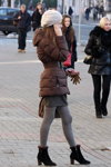 Minsk street fashion. 11/2012 (looks: brown quilted jacket, grey beret, grey tights which imitate stockings, black lowboots, grey mini skirt, brown bag)