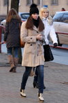 Minsk street fashion. 11/2012 (looks: beige coat, blue jeans, black knit cap with pom-pom)