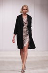 BFC show — Belarus Fashion Week by Marko SS2014 (looks: silver sandals, black coat, printed multicolored dress)