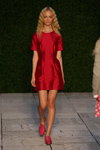 Bruuns Bazaar show — Copenhagen Fashion Week SS14 (looks: red mini dress, fuchsia pumps, blond hair)