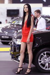 Girls — Motorshow 2013. Part 1 (looks: red mini neckline dress, black sandals)