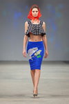 Sin on the Beach show — Riga Fashion Week SS14 (looks: black polka dot crop top, blue printed skirt)