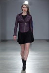 Irina Skladnova show — Riga Fashion Week AW13/14 (looks: black dress, eggplant leather biker jacket, black boots)