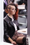 HAIR TATTOO — Róża Wiatrów HAIR 2013 (ubrania i obraz: skórzana kurtka biker czarna, bluzka biała, spódnica w kratę mini, pończochy bawełniane szare)