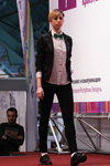 Street style — Roza vetrov - HAIR 2013 (looks: black pumps, white socks, black trousers, striped shirt, black blazer, green bow-tie)