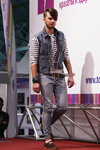 Street style — Roza vetrov - HAIR 2013 (looks: striped jumper, denim vest, black belt, white socks, grey jeans, brown dress boot)