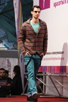 Street style — Roza vetrov - HAIR 2013 (looks: knitted brown striped blazer, black dress boot, aquamarine jeans)