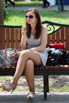 Last call. 2013. Part 1 (looks: grey mini dress, nude stockings with lace top, beige pumps, Sunglasses)