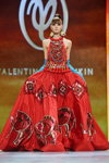 Valentin Yudashkin SS2013 show (looks: red printed maxi dress, sky blue gloves)