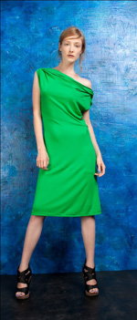 PODOLYAN SS 2013 lookbook (looks: green dress, black wedge sandals)
