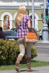 Gomel street fashion. 05/2013 (looks: checkered blouse, beige jeans, perforated boots, blond hair)