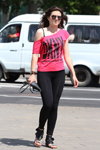 Gomel street fashion. 05/2013 (looks: black leggins, fuchsia top, grey clutch, Sunglasses)