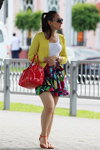 Gomel street fashion. 05/2013 (looks: , white top, red bag, horsetail (hairstyle), Sunglasses, mini multicolored skirt)