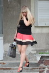 Gomel street fashion. 05/2013 (looks: black top, striped pleated multicolored skirt, black sandals)