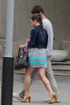 Gomel street fashion. 05/2013 (looks: blue jean jacket, grey mini skirt, black bag, braid)