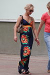 Gomel street fashion. 05/2013 (looks: black sandals, blue flowerfloral sundress, Sunglasses, blond hair)