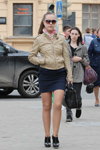 Minsk street fashion. 04/2013. Part 1 (looks: blue mini skirt, black bag, black ankle boots, Sunglasses, beige leather jacket)