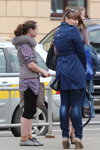 Minsk street fashion. 04/2013. Part 1 (looks: grey vest, black leggins, nude socks, grey pumps, blue trench coat, blue jeans)