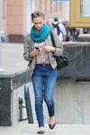 Minsk street fashion. 04/2013. Part 1 (looks: turquoise scarf, grey jacket, black bag, blue jeans, black ballerinas)
