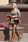 Minsk street fashion. 09/2013. Part 1 (looks: black sheer tights, black mini skirt, brown boots)