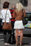 Minsk street fashion. 09/2013. Part 1 (looks: white lace skirt, black bag, nude sheer tights, brown leather jacket)