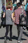 Minsk street fashion. 09/2013. Part 1 (looks: striped black and white top, black trousers, black bag, checkered shirt, grey jeans, striped backpack)