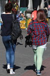 Minsk street fashion. 09/2013. Part 1 (looks: checkered shirt, white shorts, lime tights, blue jeans, white high top sneakers)