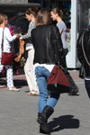 Minsk street fashion. 09/2013. Part 1 (looks: sky blue jeans, black boots, black leather jacket)