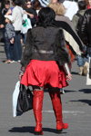 Minsk street fashion. 09/2013. Part 1 (looks: red perforated knee high boots, red skirt, black tights, fur grey blazer)