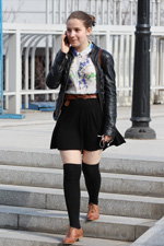Minsk street fashion. 04/2013. Part 2 (looks: black overknees, black skirt, brown boots, brown belt, white flowerfloral blouse, black leather jacket)