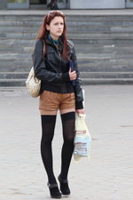 Minsk street fashion. 04/2013. Part 2 (looks: black overknees, black pumps, brown leather shorts, black leather jacket)