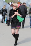 Minsk street fashion. 04/2013. Part 2 (looks: black poncho, black dress, green bag, black sheer tights, black boots, Sunglasses)