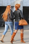 Minsk street fashion. 04/2013. Part 2 (looks: red hair, sky blue jeans, blue skirt, suede red boots, red hair, openwork red bag, black leather jacket)
