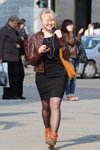 Minsk street fashion. 04/2013. Part 2 (looks: brown jacket, black dress, black sheer tights, blond hair)