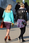 Minsk street fashion. 04/2013. Part 2 (looks: turquoise blazer, bun (hairstyle), black bag, black ballerinas, polka dot multicolored skirt, , black leather jacket)